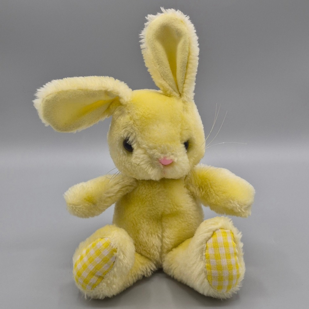 Vintage Russ Berrie Yellow Bunny Rabbit Plush Gingham Feet 780 Made in Korea